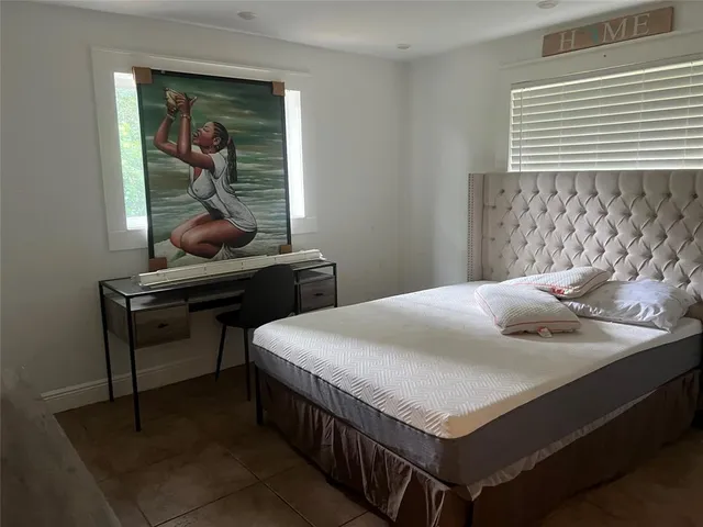 a bedroom with a bed and a desk