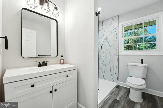 a bathroom with a toilet sink shower and mirror