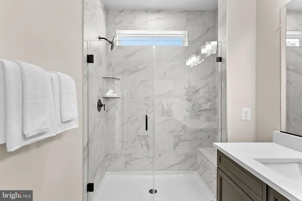 a bathroom with a shower and a sink