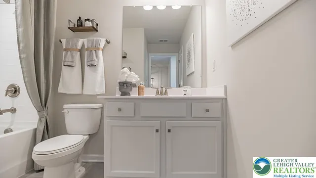 a bathroom with a sink vanity mirror and toilet