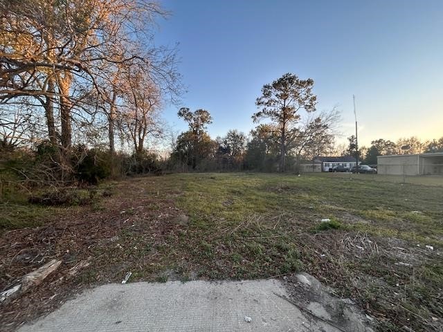 a view of a field with trees in background