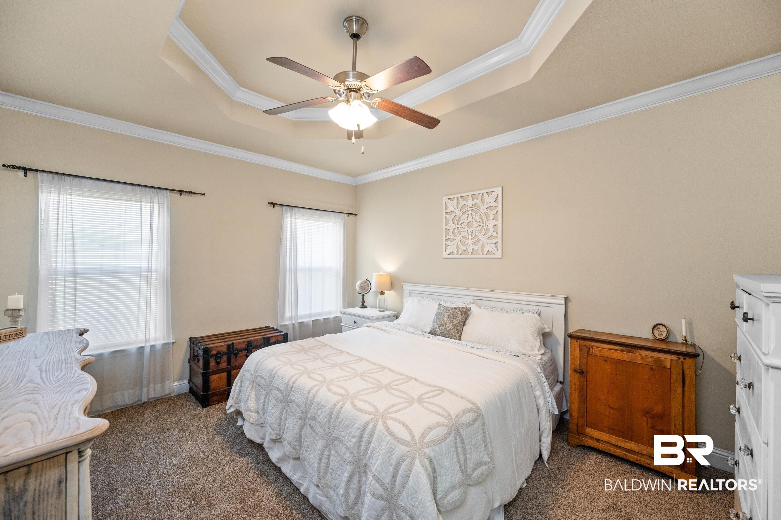 745 Bonaventure Street Fairhope, AL 36532 - Photo 13 of 36 Bedroom with a tray ceiling, carpet, and ceiling fan