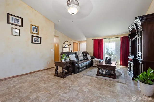 a view of a dining room with furniture