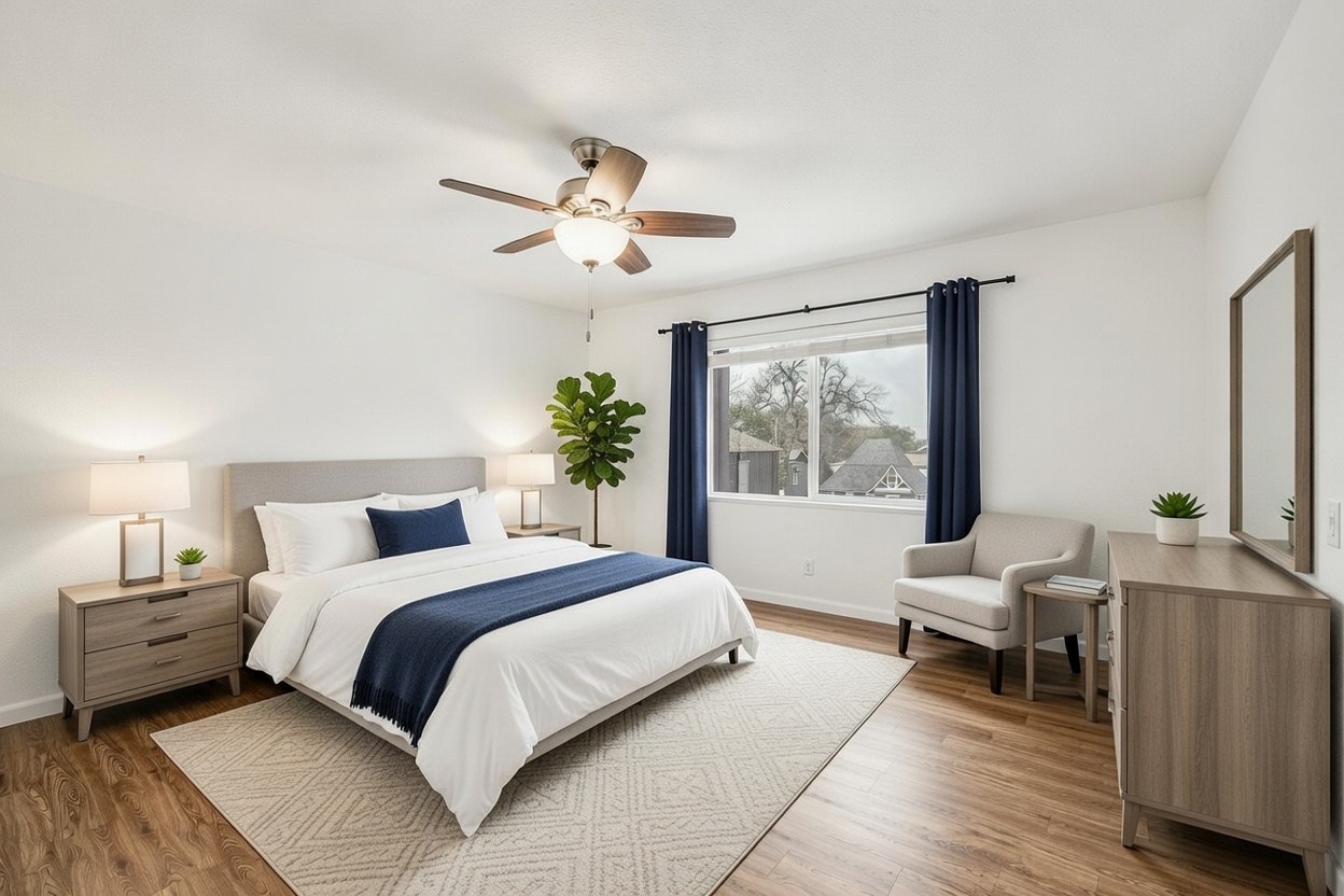 2207 Leon Street, Unit 201 Austin, TX 78705 - Photo 3 of 19 Bedroom with ceiling fan and wood finished floors