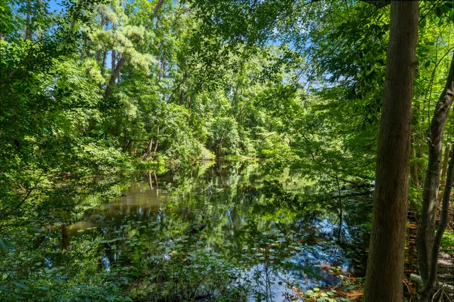 a view of a wooden deck with a lake view