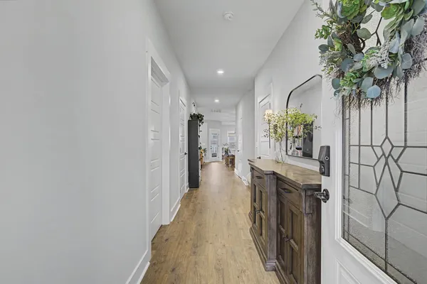 a view of a hallway with wooden floor and a potted plant