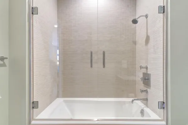 a bathroom with a bathtub