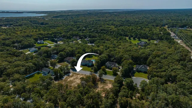 an aerial view of residential house with outdoor space and trees all around