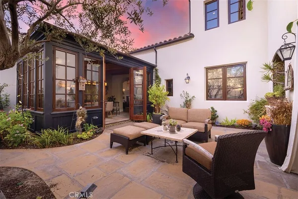 a building outdoor space with patio furniture