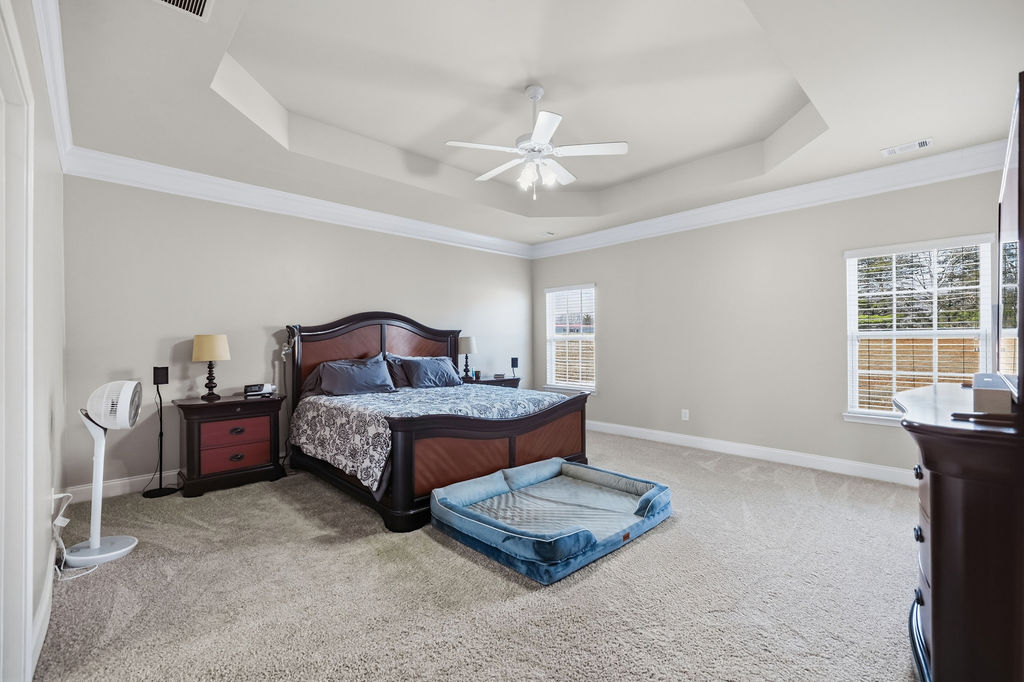 511 Cromer Road Townville, SC 29689 - Photo 18 of 45 This spacious bedroom features a beautiful tray ceiling, providing an elegant and expansive atmosphere.