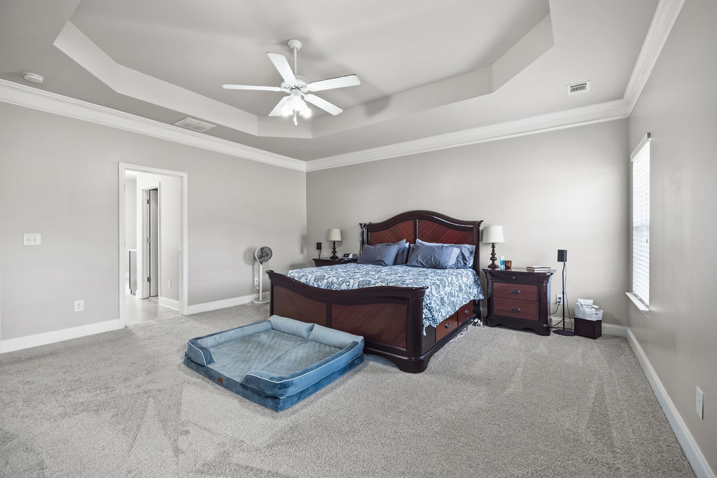 511 Cromer Road Townville, SC 29689 - Photo 19 of 45 This tranquil bedroom features plush carpeting and a sophisticated tray ceiling, creating a serene personal retreat.
