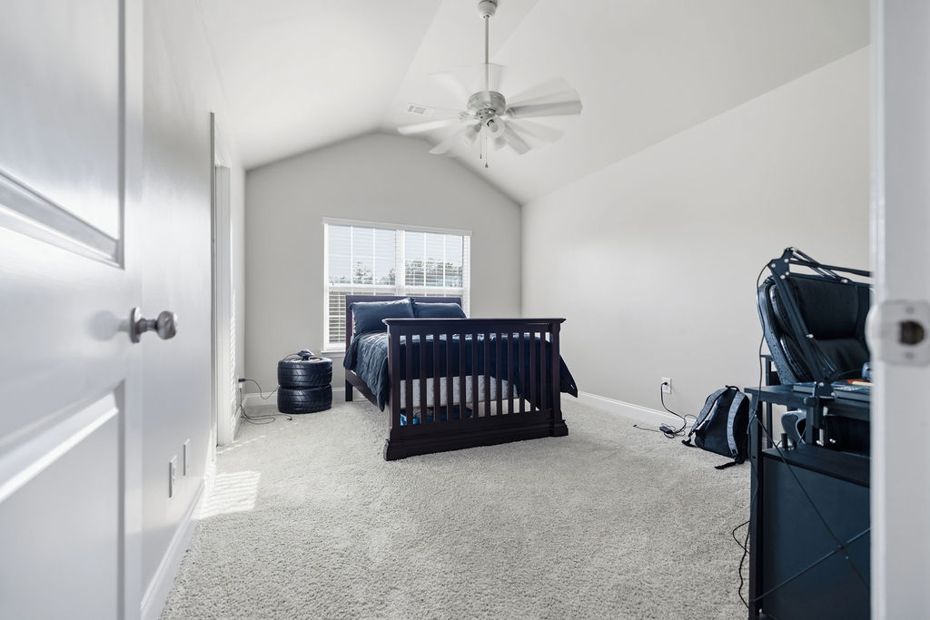 511 Cromer Road Townville, SC 29689 - Photo 39 of 45 This spacious bedroom features a vaulted ceiling and soft carpet, creating a serene and inviting atmosphere.
