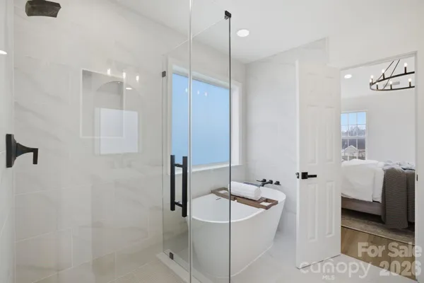 a bathroom with a bathtub and a shower