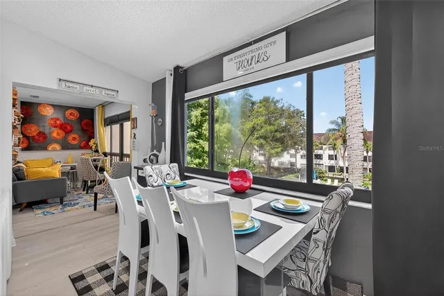 a view of a dining room with furniture window and outside view