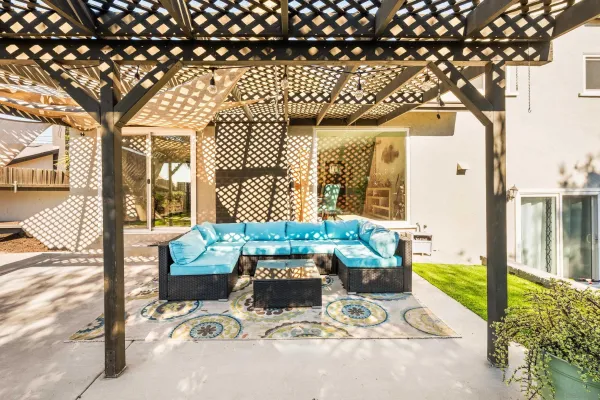 a view of a garden with a slide