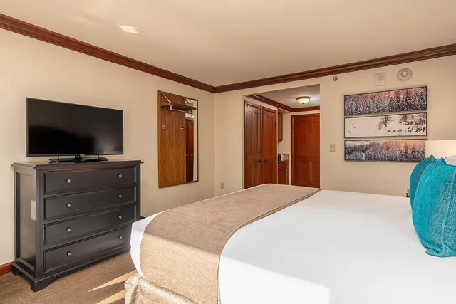 a bedroom with a bed and a flat screen tv