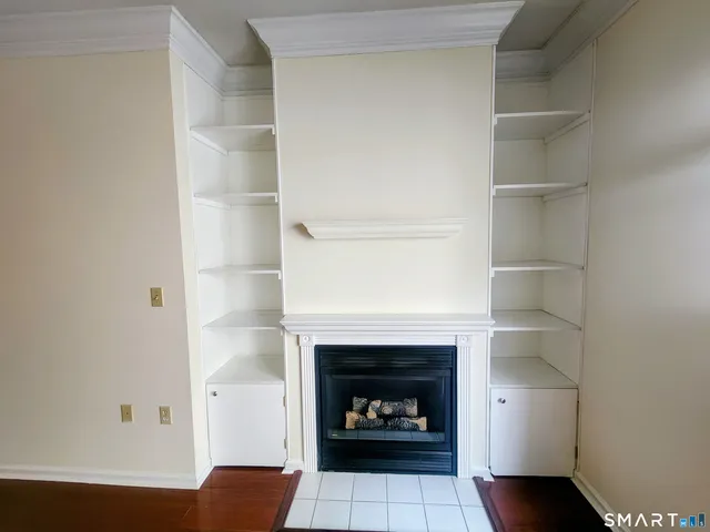 a room with a fireplace