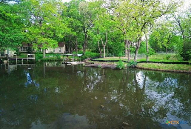a lake view with a large trees all around