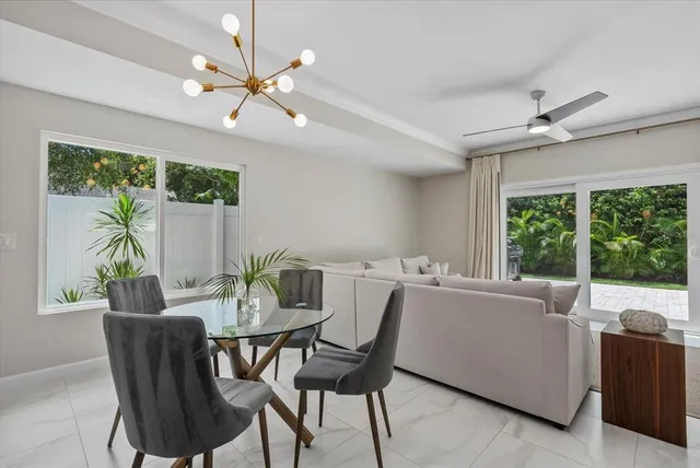 a view of a dining room with furniture window and outside view