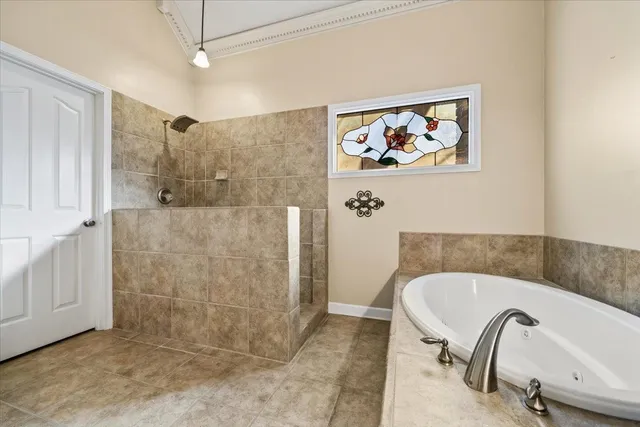 a bathroom with a bathtub and a shower
