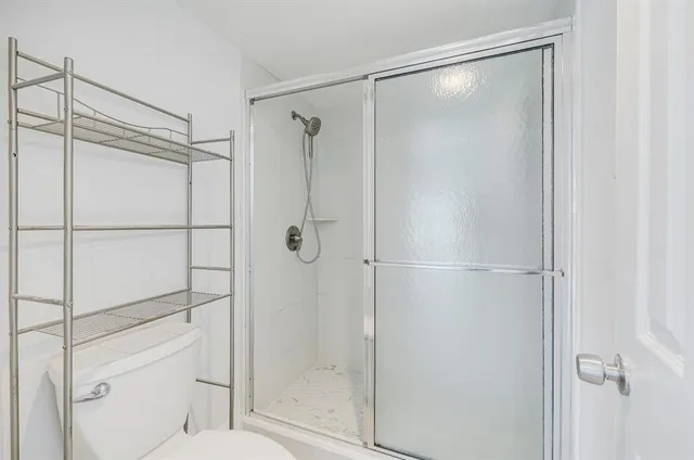 a bathroom with a shower and toilet