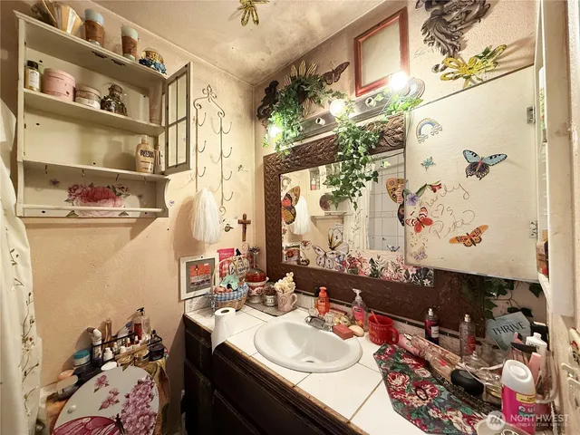 a bathroom with a sink and mirror with shower curtain