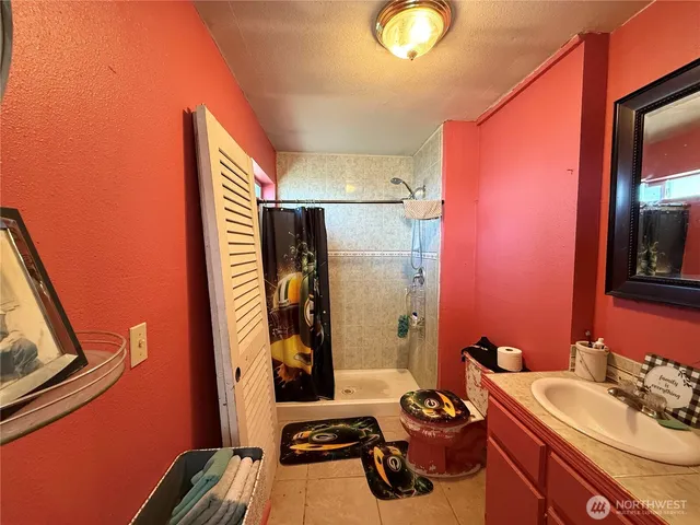 a bathroom with a sink a mirror and a shower