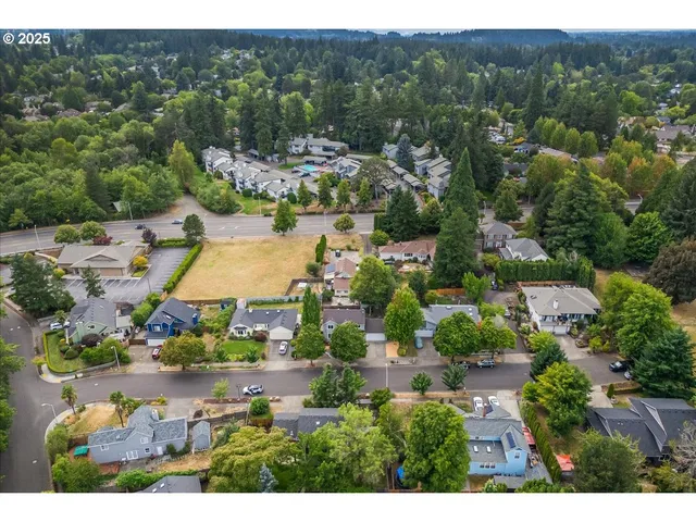 a view of a city with lush green forest