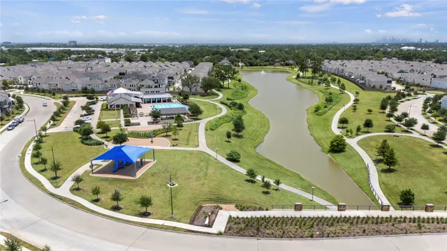 an aerial view of a swimming pool