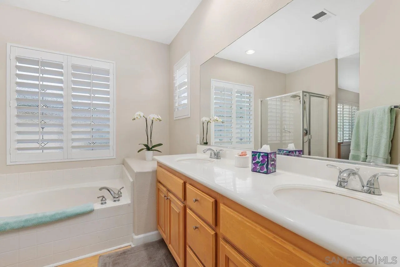 7390 Seafarer Place Carlsbad, CA 92011 - Photo 21 of 41 a bathroom with a granite countertop sink mirror and a bathtub