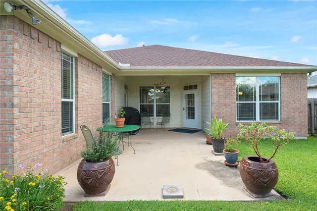 a view of a house with potted plants