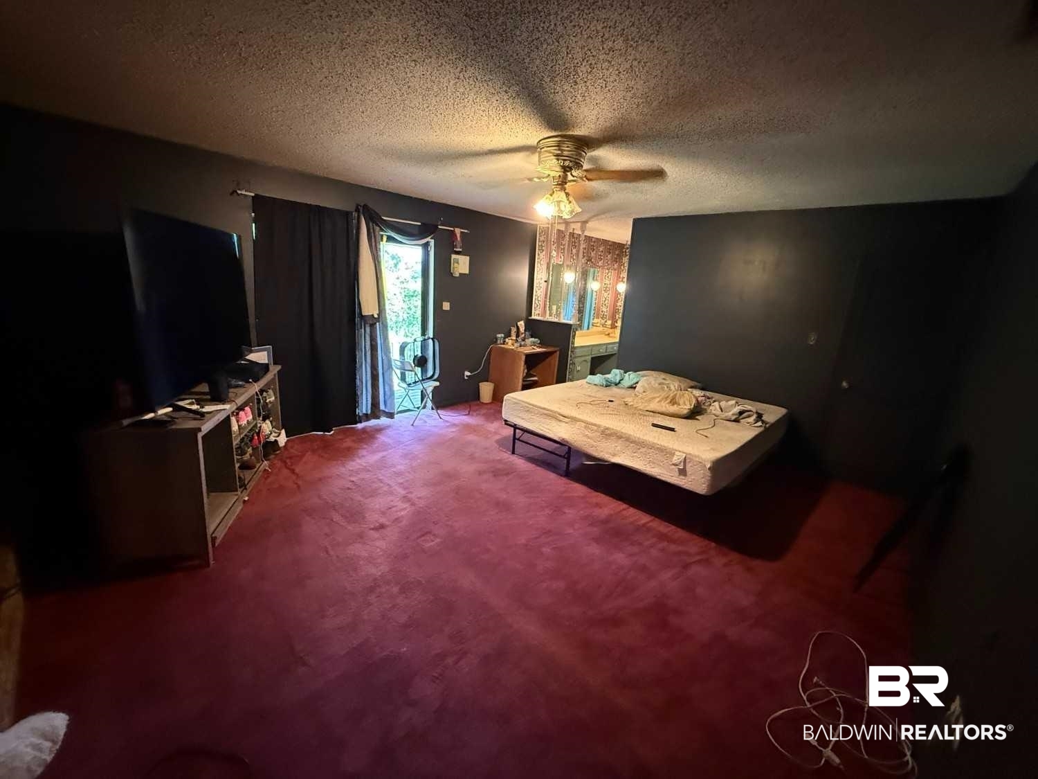 3721 Robertson Court Mobile, AL 36693 - Photo 19 of 22 Bedroom with carpet flooring, a textured ceiling, a ceiling fan, and access to outside