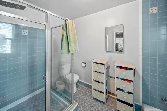 a bathroom with a shower toilet and sink