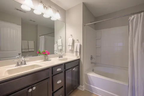 a bathroom with a tub a sink and a large mirror