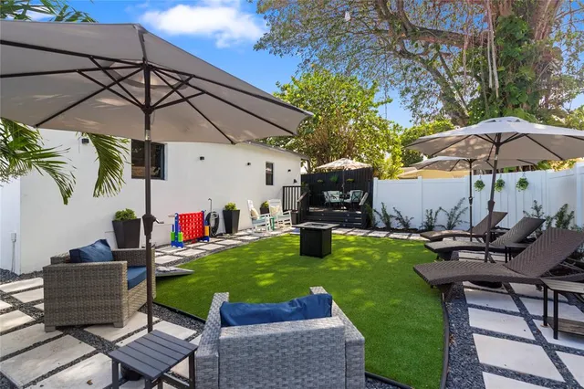 a view of a backyard with sitting area