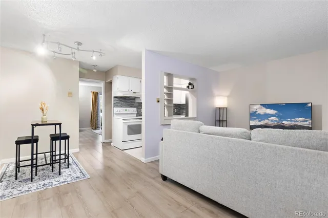 a living room with furniture and a dining table with kitchen view