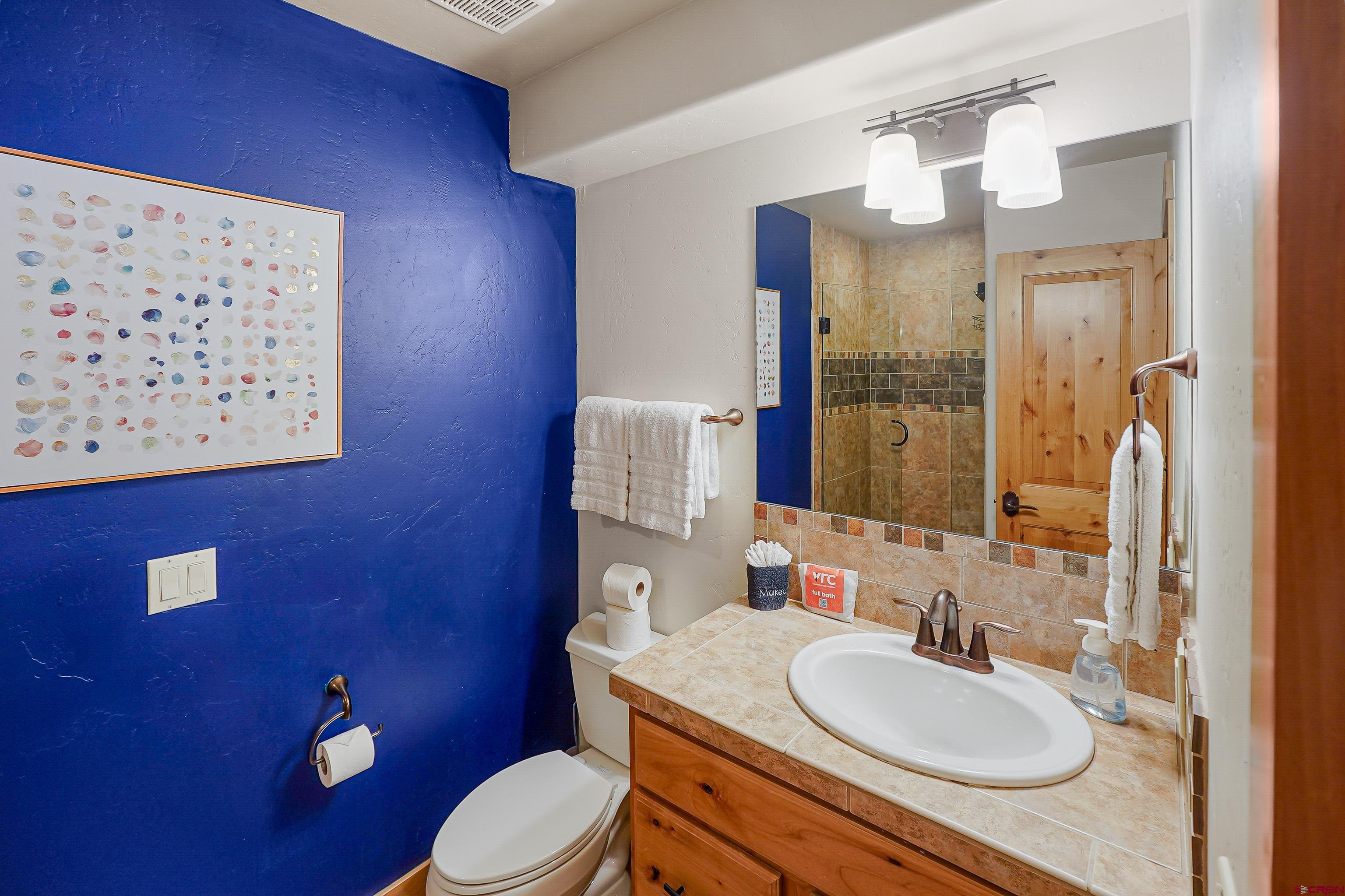8 Summer Solstice Street Durango, CO 81301 - Photo 21 of 45 a bathroom with a granite countertop toilet sink a mirror and shower curtain