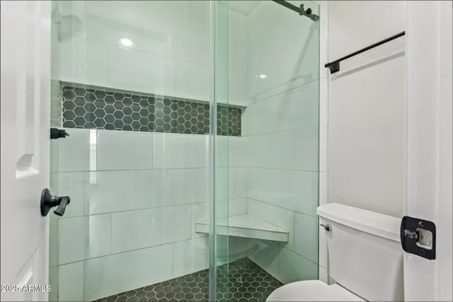 a bathroom with a toilet and a shower
