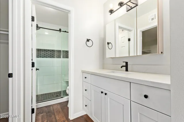 a bathroom with a shower sink and mirror