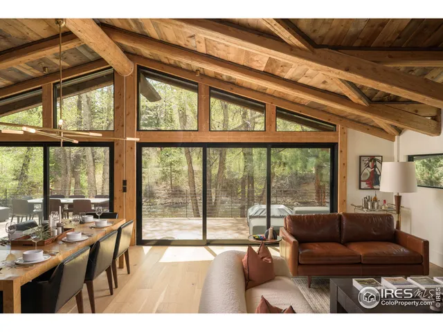 a living room with furniture and a floor to ceiling window