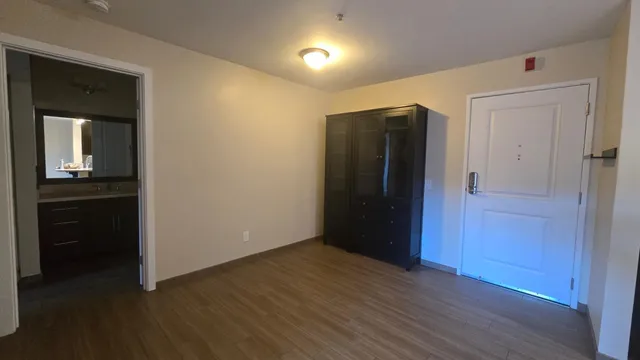 an empty room with wooden floor and closet
