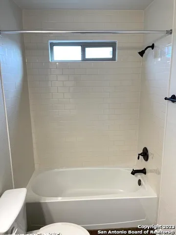 a bathroom with a shower and toilet