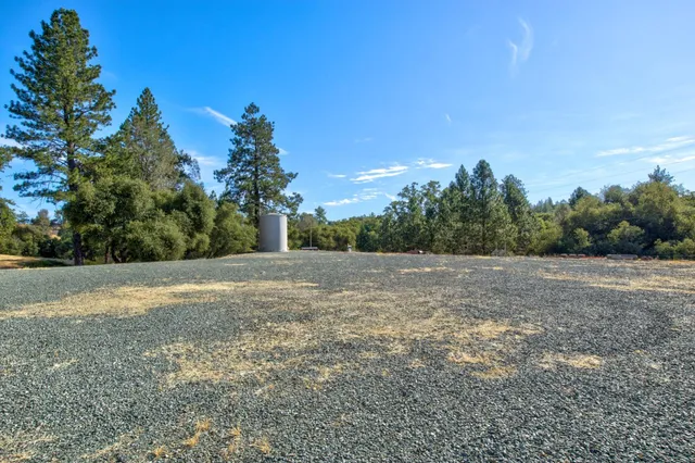 a view of a field with trees in background