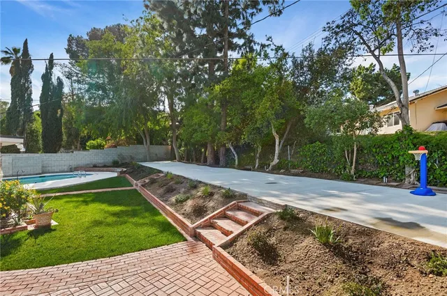 a view of a backyard with swimming pool