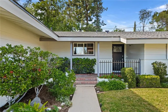 a view of a house with potted plants and a large tree