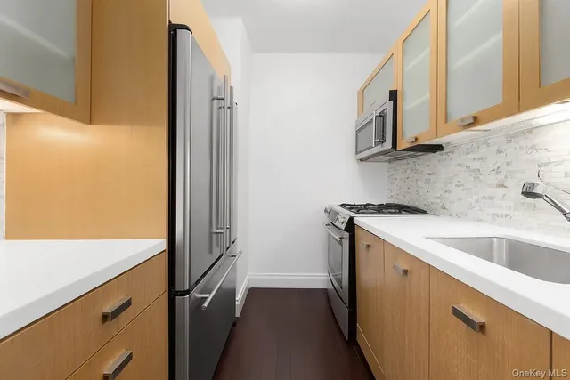 a kitchen with stainless steel appliances granite countertop a sink and a refrigerator
