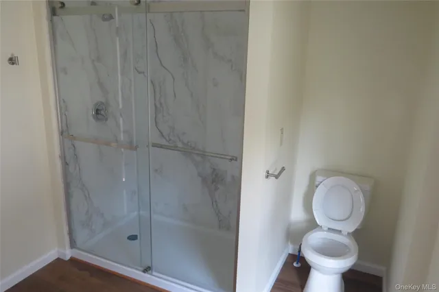 a bathroom with a toilet and a shower