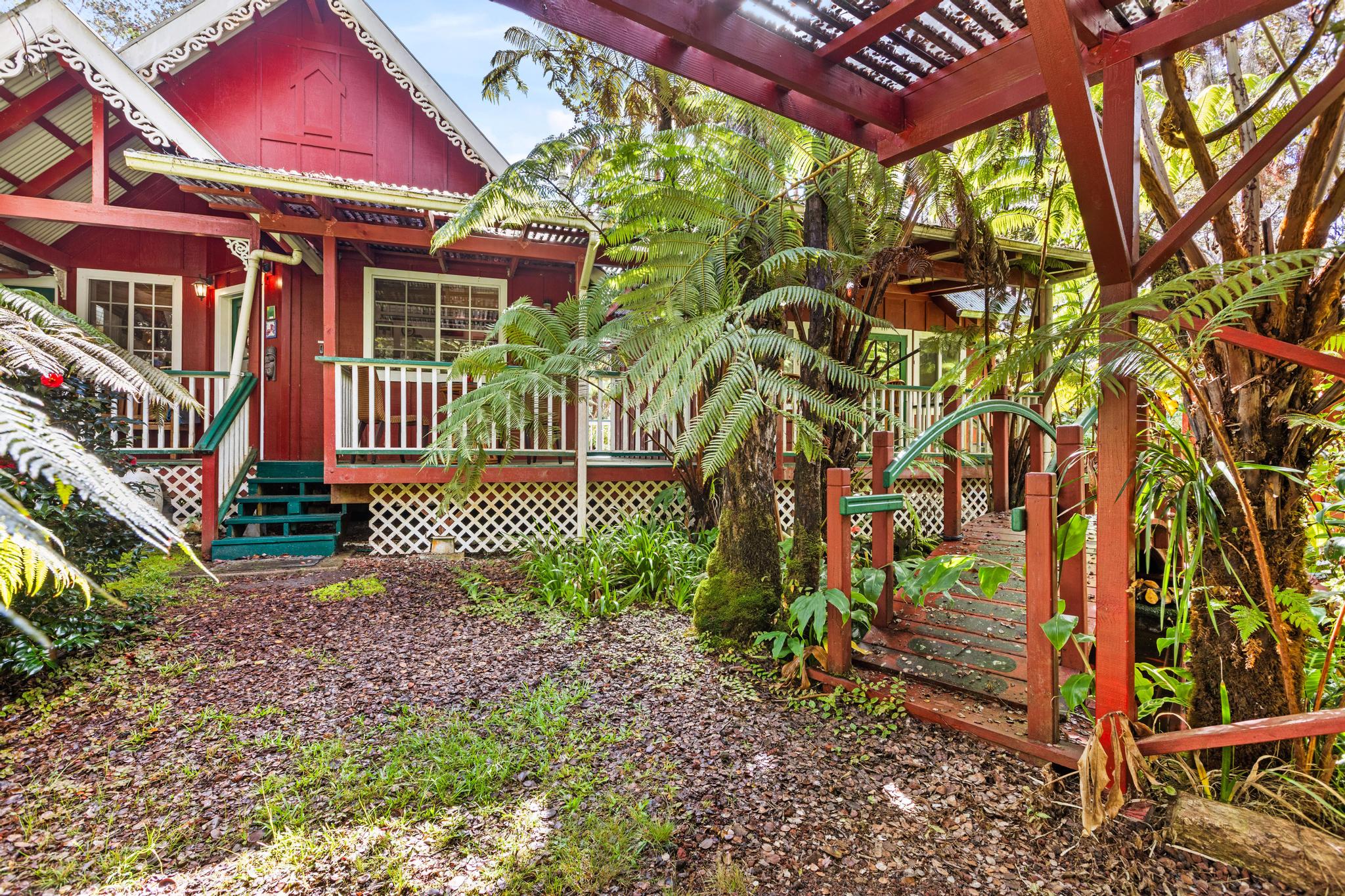 a view of a yard with plants and wooden fence