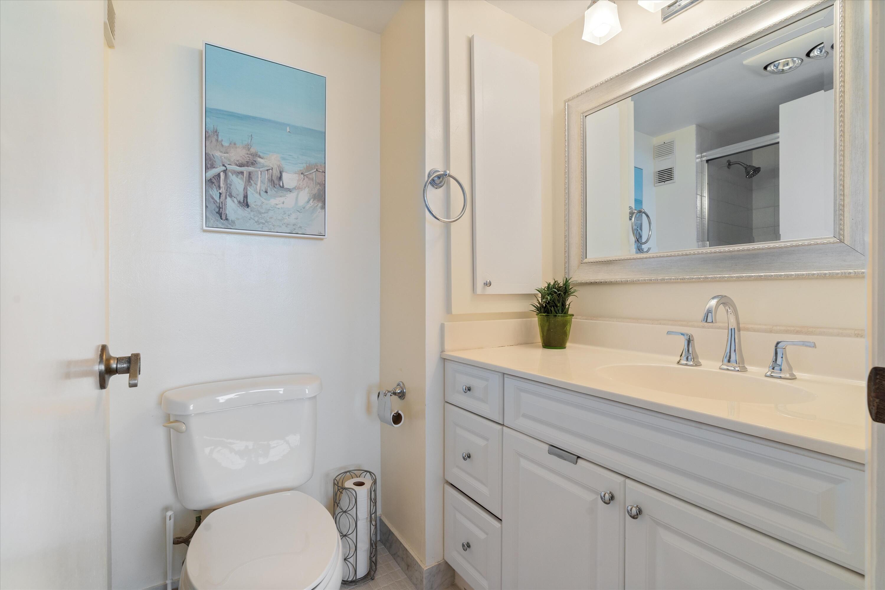 4505 South Ocean Boulevard, Unit 904 Highland Beach, FL 33487 - Photo 21 of 39 a bathroom with a toilet a sink and mirror