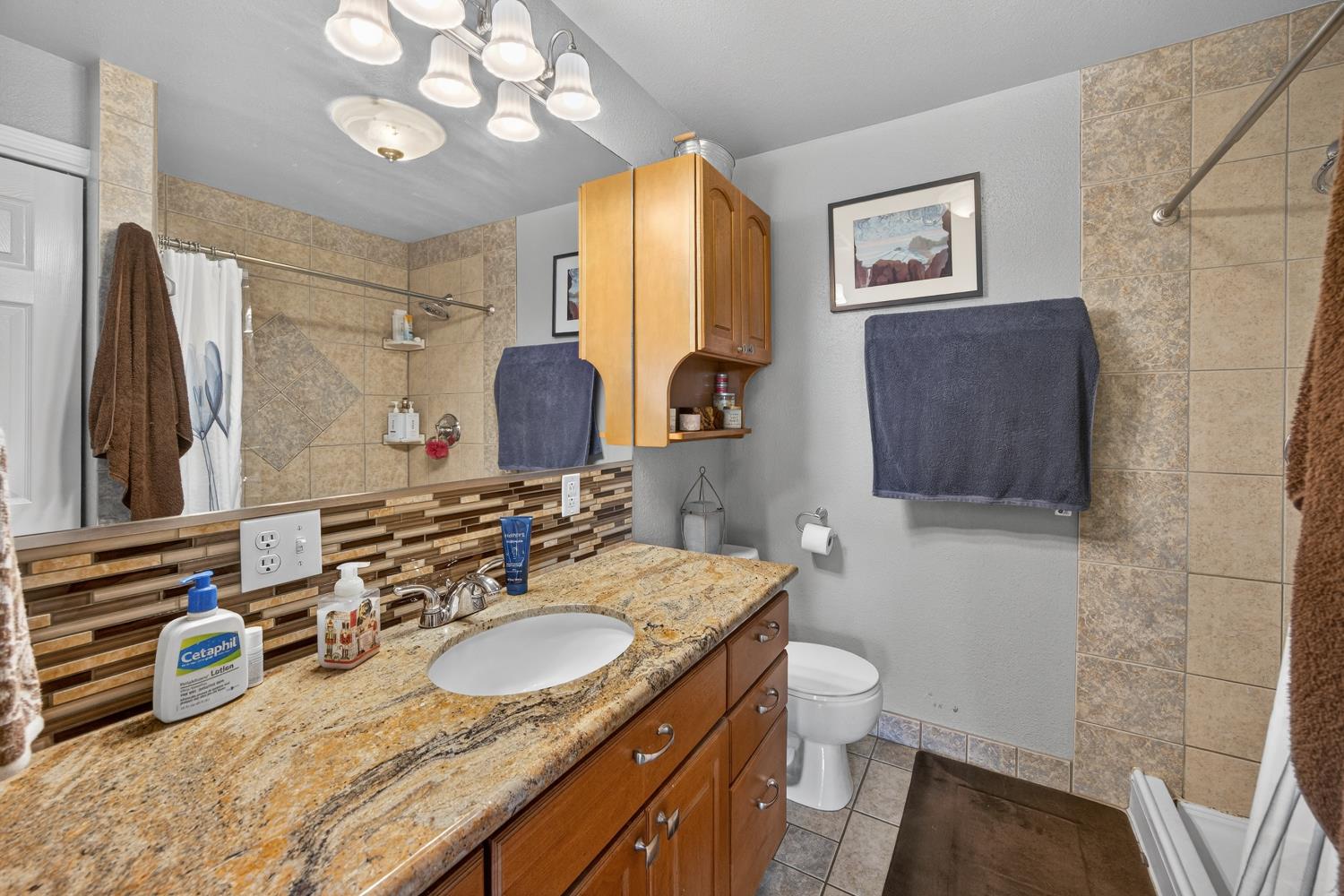 145 Oak Ridge Drive Ione, CA 95640 - Photo 50 of 61 a bathroom with a granite countertop sink a mirror and a toilet